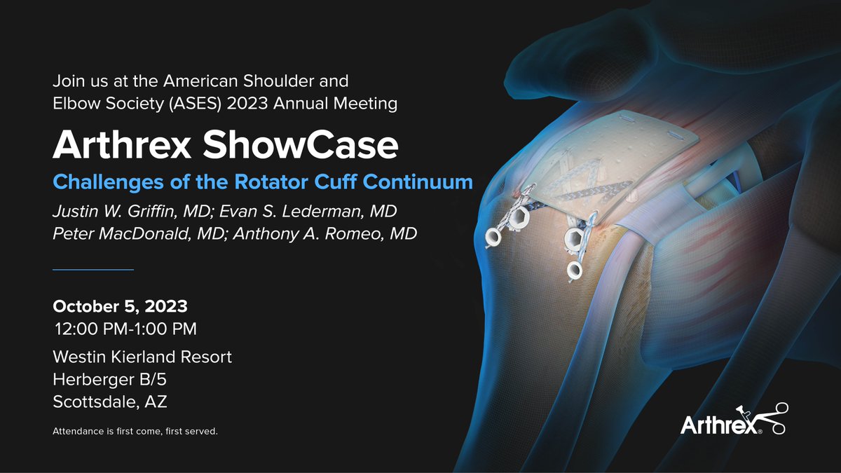 ArthrexMedEd's tweet photo. Join us at the #ASES2023 Annual Meeting on Thursday, October 5, for our workshop, Arthrex ShowCase: Challenges of the Rotator Cuff Continuum. Faculty will discuss disease severity, how to determine the best treatment options, and considerations in primary repair, revision surgery, using biologics, and definitive reconstructive treatment.
Add the event to your calendar: https://t.co/tCcw4VUHFb
#Arthrex #MedicalEducation #Orthopedics #Shoulder #RotatorCuff