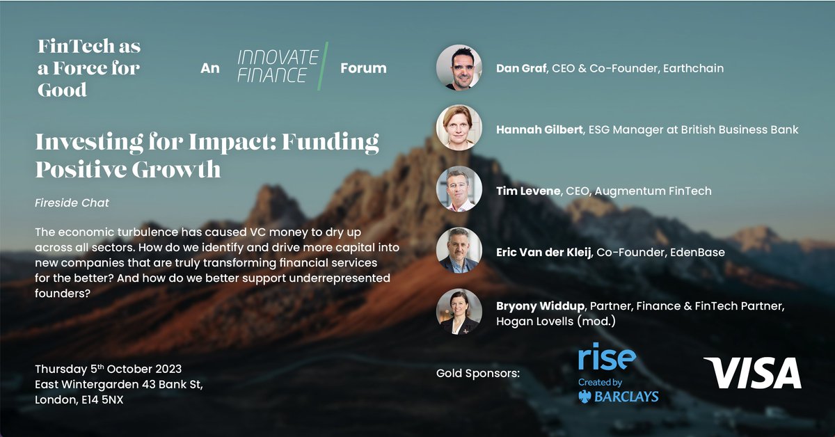 Hear the latest on investing for impact at the @InnFin 'Fintech as a Force for Good' forum on Thursday. 💡@TimLevene will be speaking with @hannahj_gilbert, @ericvanderkleij, @dan_graf & Bryony Widdup. Learn more: innovatefinance.com/fintechasaforc… #FinTechForGood2023 #FFFG2023