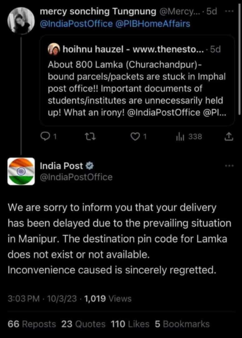 Kuki hypocrisy exposed :
The kuki community have been using their parcel delivery address as Lamka instead of Churachandpur . And when the parcel didn't arrive because of wrong destination, the KuKi community blamed the Meitei community . Hypocrisy of KuKi community is infinite