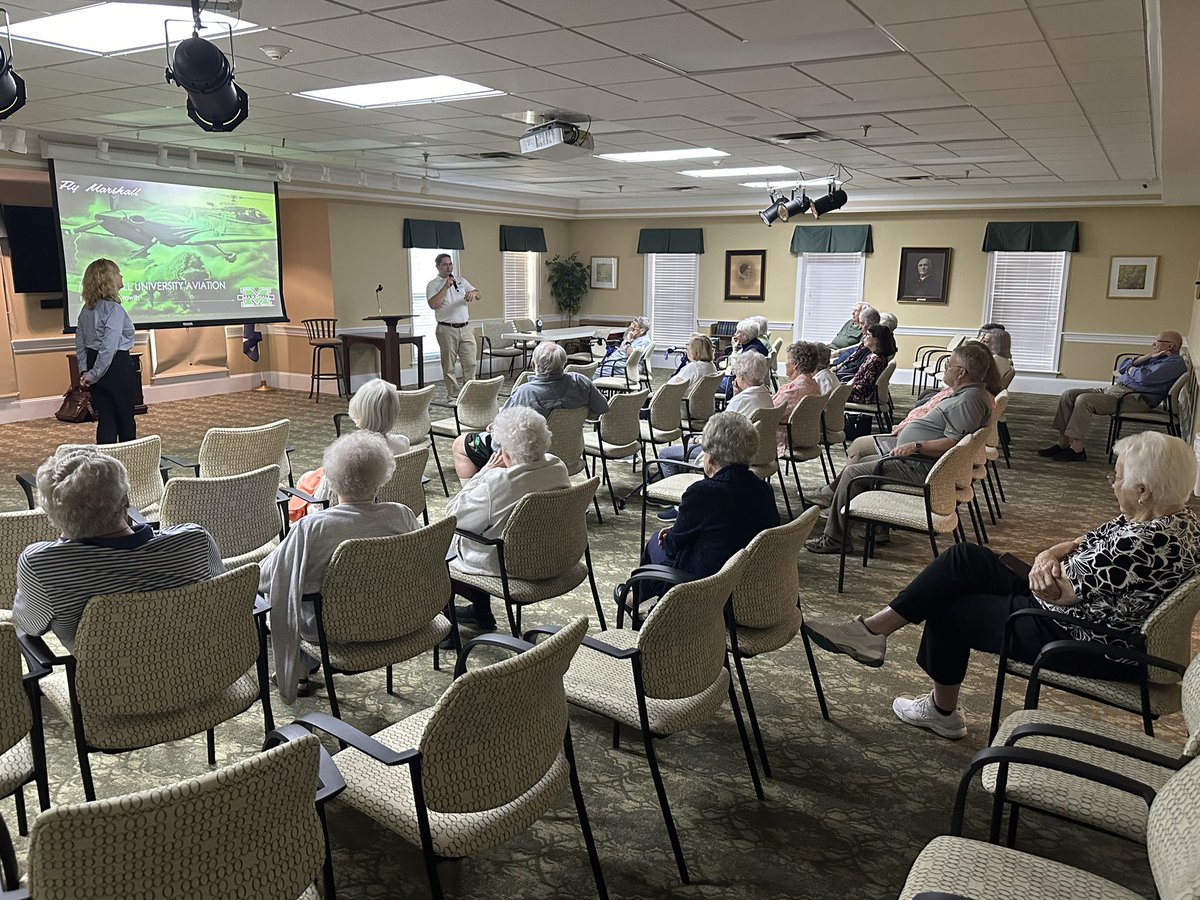 Yesterday marked the return of #MarshallMonday at the Woodlands Retirement Community.  Nancy Ritter and Jim Smith with the Bill Noe School of Aviation gave a presentation on the school. 

#ForMarshallU #HerdAlum