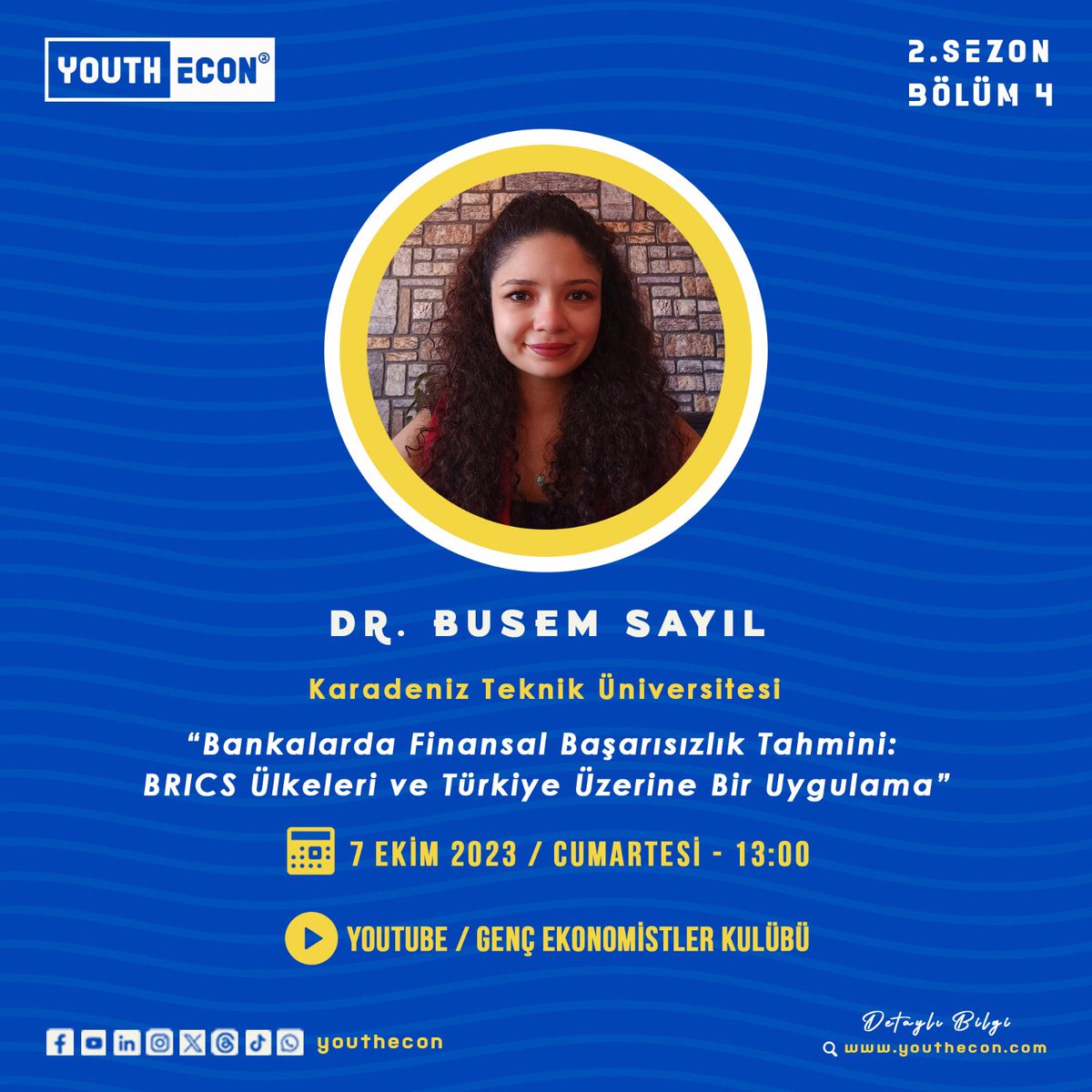 📌 2. Sezon 4. Bölüm

⛳️ Davetli Konuşmacı

🖋 Dr. Busem Sayıl

🏫 Karadeniz Teknik Üniversitesi

🗓 7 Ekim 2023 - Cumartesi / 13:00

📣 𝓞𝓷𝓵𝓲𝓷𝓮

Detaylı bilgi için;
🔗 Detaylı bilgi: youthecon.com

#gencekonomistler #youthecon #geko