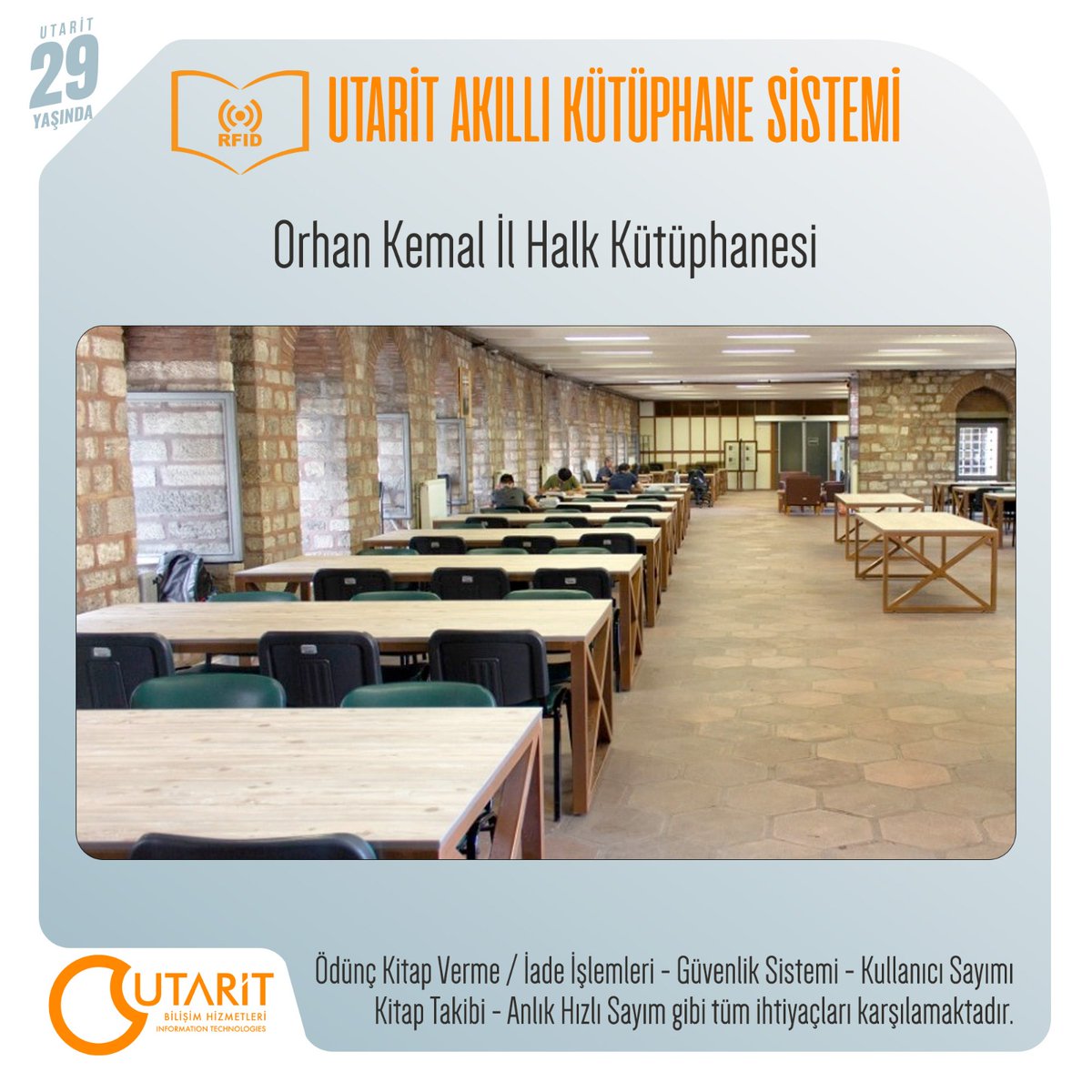 Utarit Bilişim olarak, Orhan Kemal Kütüphanesi’nde Kitap Ödünç İade İstasyonu (Self Check) kurulumu gerçekleştirdik.

#Utarit #UtaritBilişim #utarit #akıllıkütüphane #orhankemalkütüphanesi