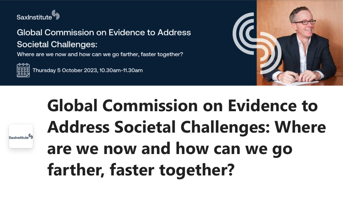 Join @lavisjn and the @SaxInstitute for an online discussion about the @EvidenceComm and the work being done to implement the Commission's recommendations >> Oct. 5, 10:30am AEDT ow.ly/K8kP50PR9IT