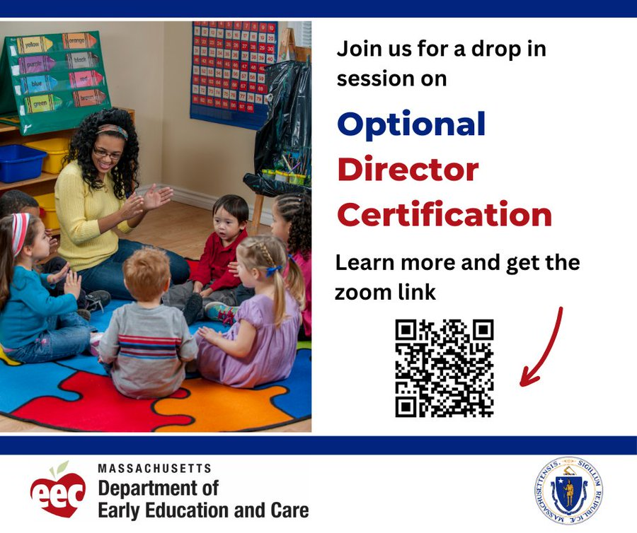MassEarlyEdCare's tweet photo. 🗓️ TODAY at 1 pm

Want to learn more about EEC’s professional certification for directors? Have questions on how to apply or if you meet eligibility?

EEC is hosting office hours today 10/3 @ 1pm: https://t.co/YJ7SmmXUB0 #ProfessionalDevelopment #EarlyEducation https://t.co/dp6YOB7N71