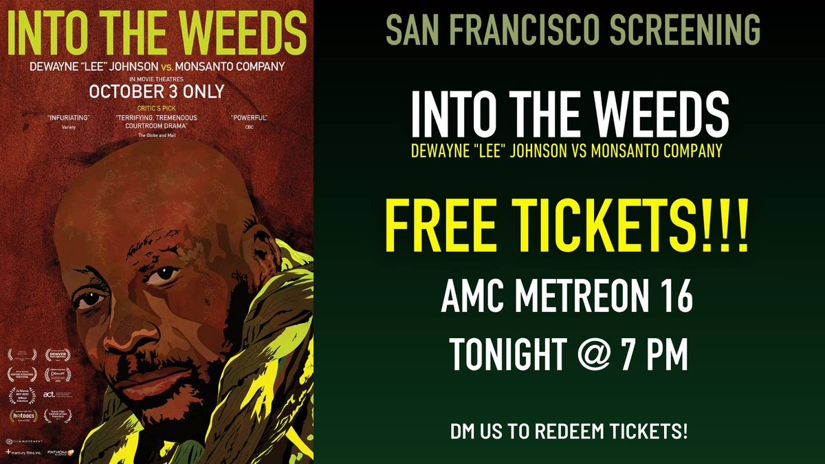 Hey Bay Area folks! Free Movie Tickets to Lee Johnson vs. Monsanto tonight at AMC Metreon 16. First come first serve. DM us for details! @pesticideaction @RuralCo @rewildcampus @CenterForBioDiv @CFSTrueFood @ewg