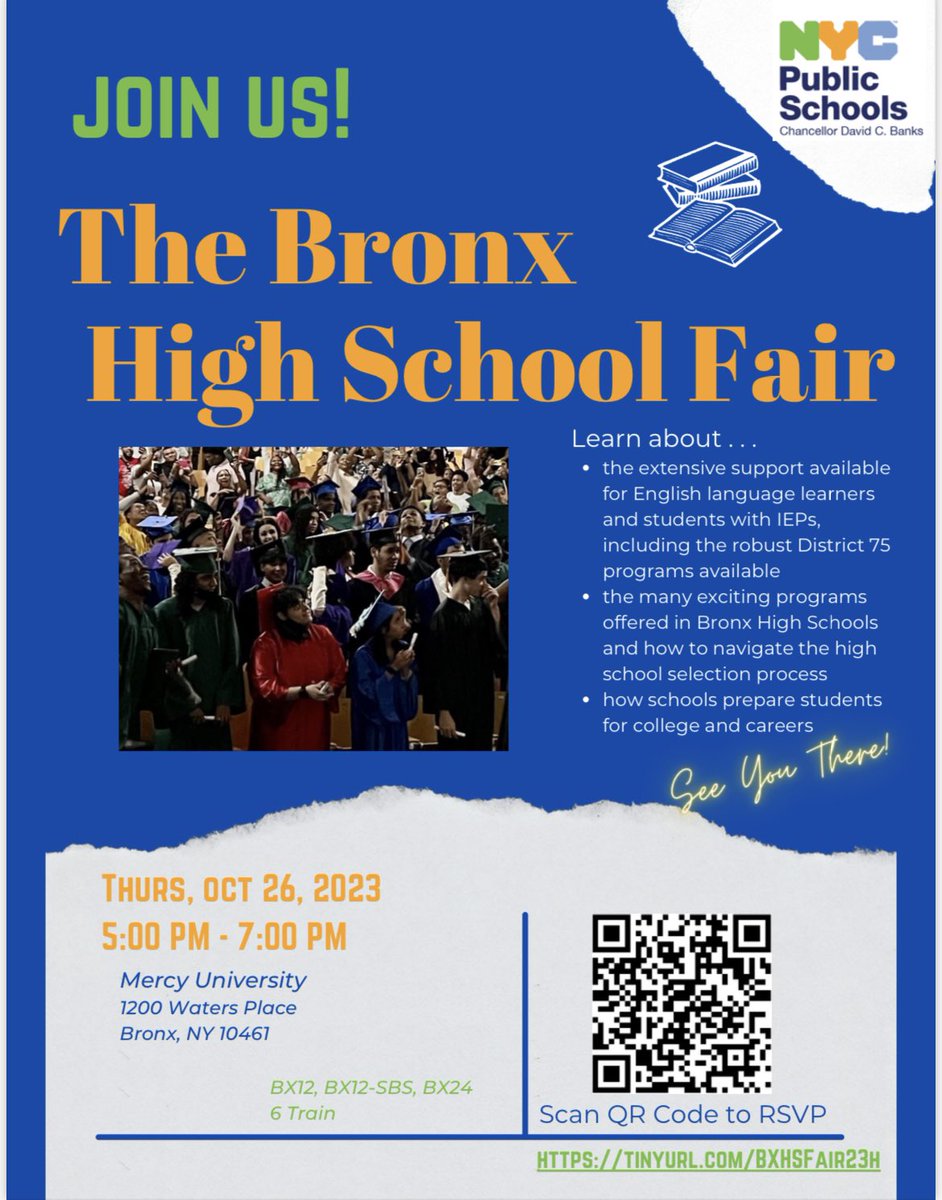 CSD10Bronx's tweet photo. Please join us:
Bronx borough-wide High School Fair.

Date: Thursday, October 26, 2023
Time: 5:00 PM - 7:00 PM
Location: Mercy University, 1200 Waters Place, Bronx, NY 10461

Families are encouraged to pre-register for the fair using the QR code provided on the attached flyer(s). https://t.co/6r1rDwPM3X