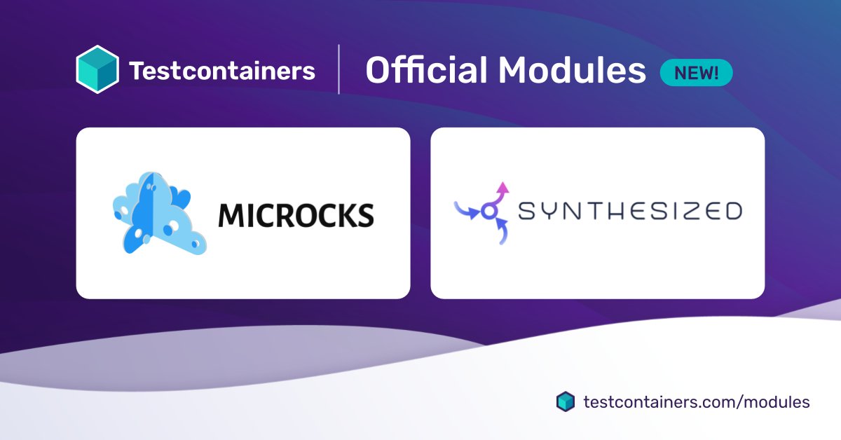 Testcontainers (@testcontainers) on Twitter photo 🥳 We're growing the <a href="/Testcontainers/">Testcontainers</a> Official Modules program w/ new partners & are introducing community modules! <a href="/microcksio/">Microcks</a> & <a href="/Synthesizedio/">Synthesized</a> join current partners <a href="/CockroachDB/">CockroachDB</a> <a href="/_localstack/">LocalStack (old) - new handle: @localstack</a> <a href="/StreamNative/">Native Stream</a> <a href="/Yugabyte/">YugabyteDB</a> <a href="/neo4j/">Neo4j</a> <a href="/redpandadata/">Redpanda Data</a> 🙌
🎉 Learn more: ow.ly/aZgX50PStHa 🥳 We're growing the <a href="/Testcontainers/">Testcontainers</a> Official Modules program w/ new partners & are introducing community modules! <a href="/microcksio/">Microcks</a> & <a href="/Synthesizedio/">Synthesized</a> join current partners <a href="/CockroachDB/">CockroachDB</a> <a href="/_localstack/">LocalStack (old) - new handle: @localstack</a> <a href="/StreamNative/">Native Stream</a> <a href="/Yugabyte/">YugabyteDB</a> <a href="/neo4j/">Neo4j</a> <a href="/redpandadata/">Redpanda Data</a> 🙌
🎉 Learn more: ow.ly/aZgX50PStHa
