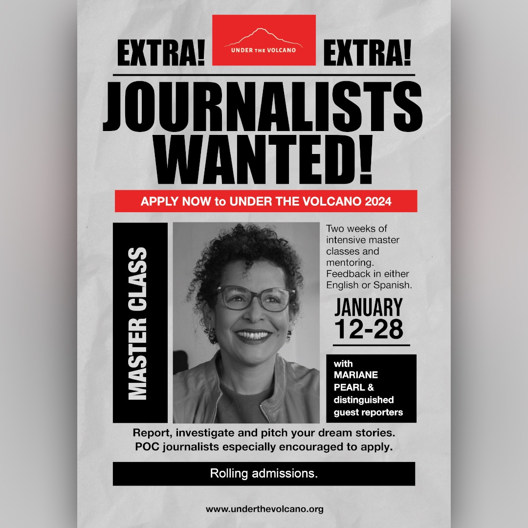 MagdaBogin's tweet photo. ¡PERIODISTAS! JOURNALISTS! OCTOBER 10 DEADLINE for FULL FELLOWSHIPS to UNDER THE VOLCANO. Bring the story that breaks or makes your heart to Mexico this January and leave with 2000 words and a master plan to take your voice to the next level. Info: https://t.co/rj8bcW6b3B https://t.co/owIoIzzoxM