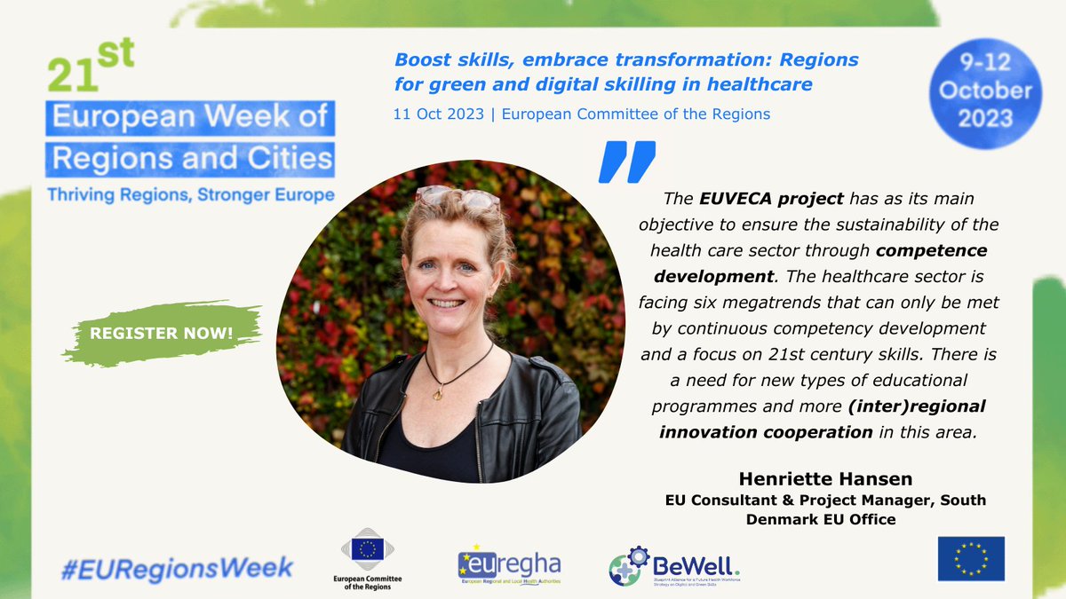 -7 days to our #EURegionsWeek session! 🤩 Looking forward to gathering #regions and stakeholders to talk about #digital and #green #skills of the #healthsector.🧩 Join us and connect with key EU projects, such as @BeWellProjectEU and @euveca_project⬇️ 🧐euregha.net/event/euregion…