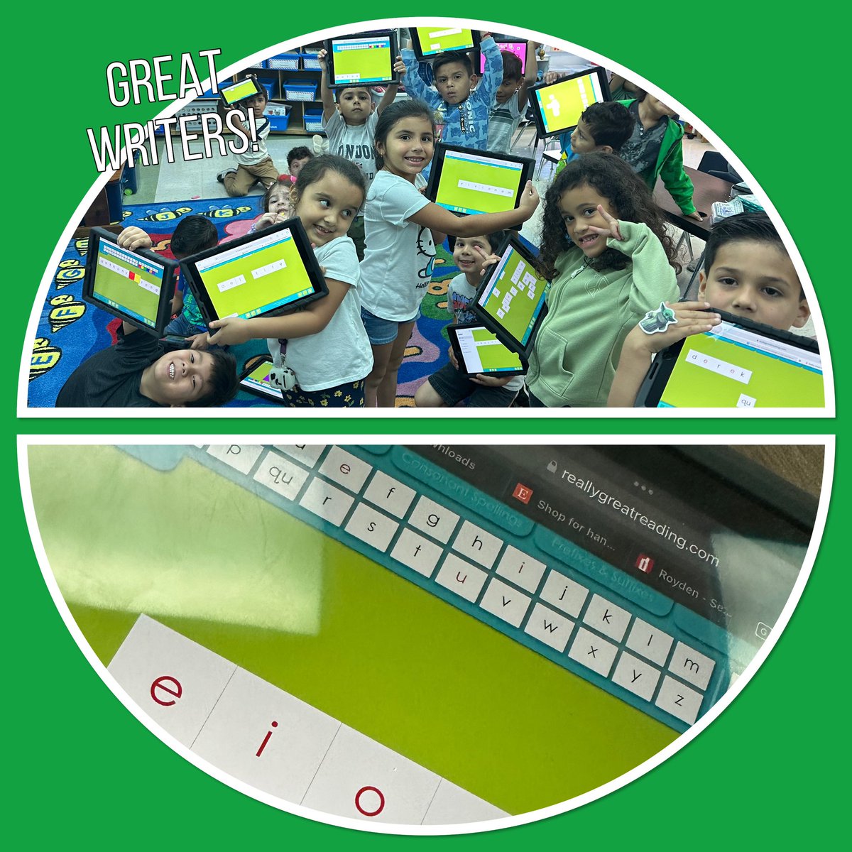 grechterman's tweet photo. Great writers use lots of different tools! Today in our kinder dual class we used letter tiles at https://t.co/Mg60PJPsUp to practice our vowels and started syllables! @NISDForester @NisdBILESL @NISD_ECE #tinywriters https://t.co/fPJ9NpSEJw