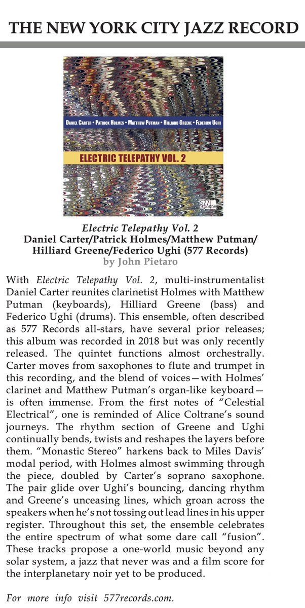 'These tracks propose a one-world music beyond any solar system' THX @JohnPietaro @nycjazzrecord for reviewing the new vinyl by @DanielCarterNYC @patrickholmescl @matthewputman Hilliard Greene @federicoughi Electric Telepathy Vol2 ... out this Fri! telepathicband.bandcamp.com/album/electric…