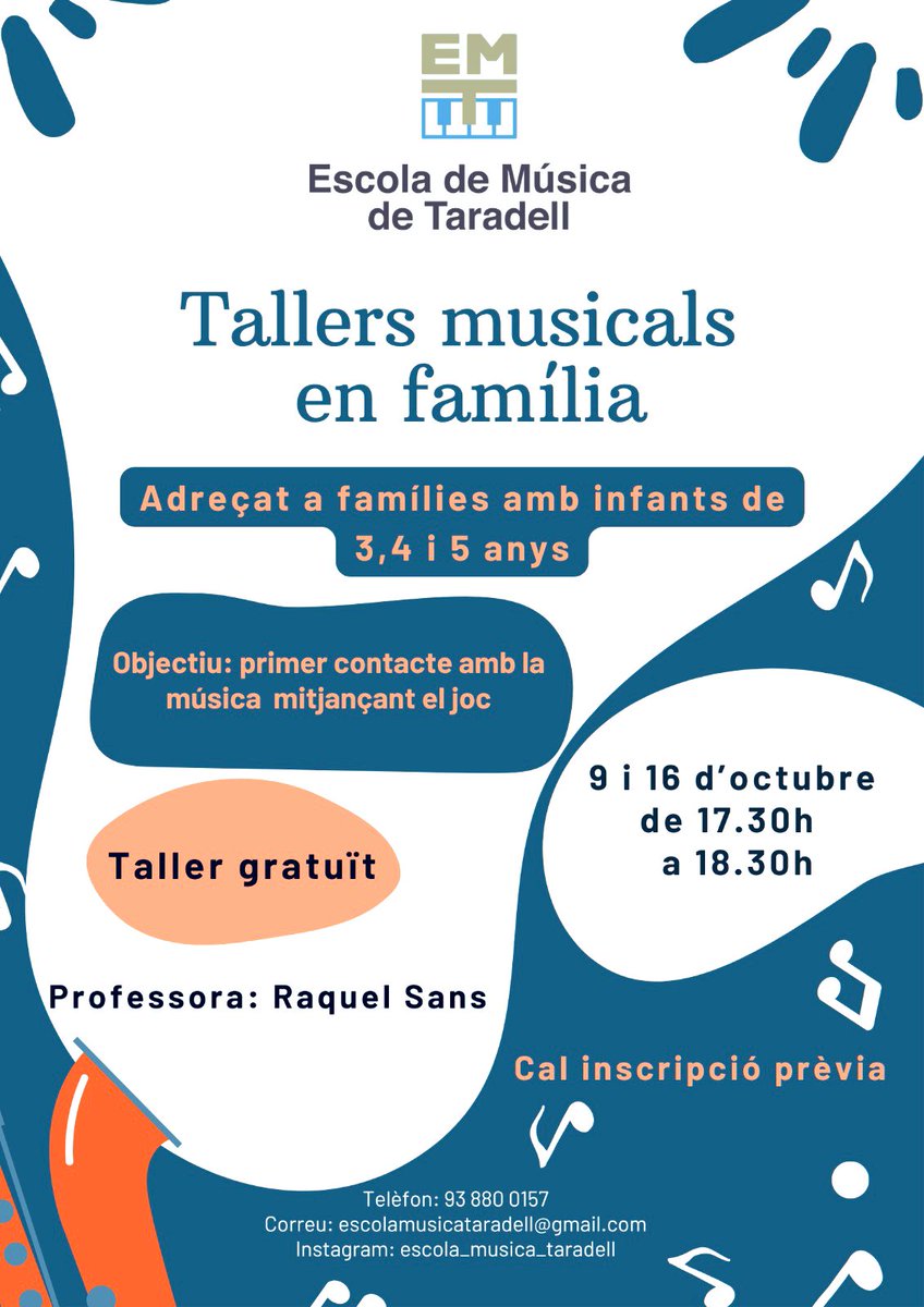 Taller gratuït adreçat a famílies amb infants de 3, 4 i 5 anys amb la finalitat d'aproximar la música als més petits. 
El 9/10 i 16/10 de 17.30h a 18.30h a càrrec de Raquel Sans.
Per a més informació, passeu per l'escola de 16h a 20h
escolamusicataradell@gmail.com telf. 938800157