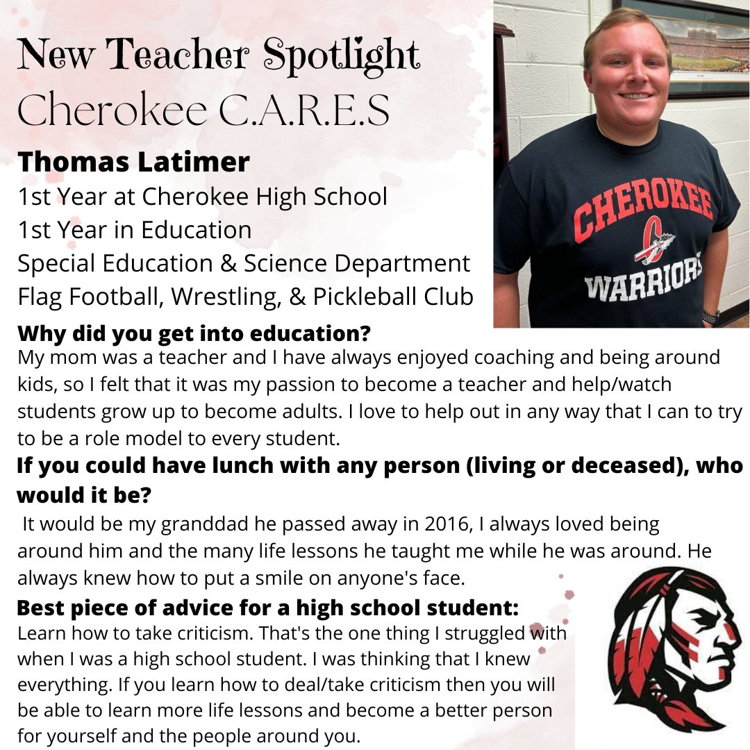 New Teacher Spotlight:  Thomas Latimer    
Coach Latimer is new to CHS and a first-year educator. He's a member of the Special Education department co-teaching in Science classes. He also will be assisting Flag Football &amp; Wrestling, along with pickleball!
<a href="/CHS_Warriors/">Cherokee HS Warriors</a> <a href="/CcsdCares/">CCSD C.A.R.E.S.</a>