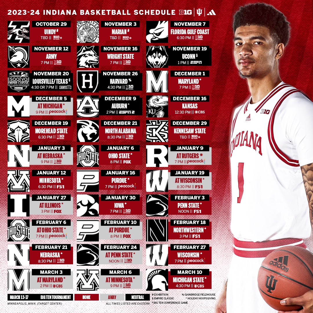 IndianaMBB's tweet photo. ⏰📺 Tip times + tv

Details: https://t.co/JCBipbn6Bh https://t.co/i4REQS25Ha