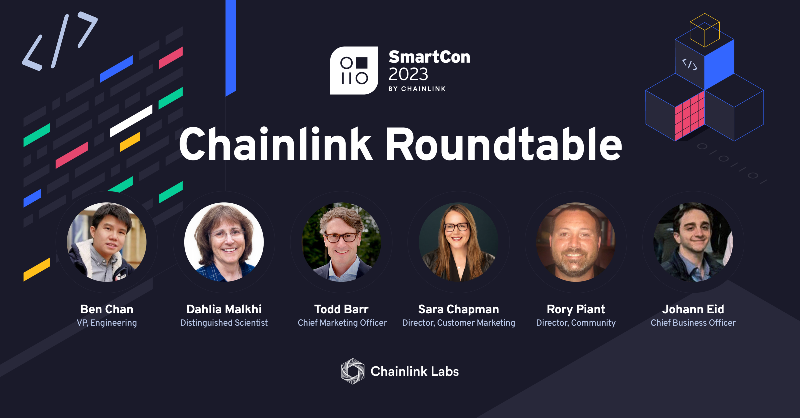 chainlink's tweet photo. The Chainlink Roundtable is about to kick off—catch the insights of top @ChainlinkLabs leaders by tuning into the #SmartCon 2023 livestream now👇