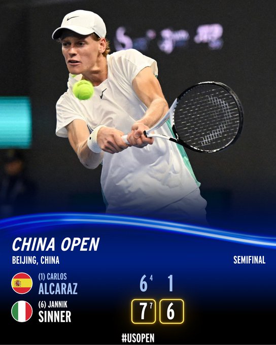 Jannik Sinner defeats Carlos Alcaraz 7-6, 6-1