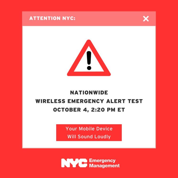 NYCMayorsOffice's tweet photo. 📣 Quick announcement from @nycemergencymgt:

🗽 Tomorrow at 2:20 p.m. ET, you'll notice test alerts popping up on your devices 📱and airing on your TV 📺 and radio 📻. 

It's just a routine test, no action needed!

🙌 Please fill out the survey after 📋: https://t.co/ZRaFPHXvkn https://t.co/tiPxx3MVBW
