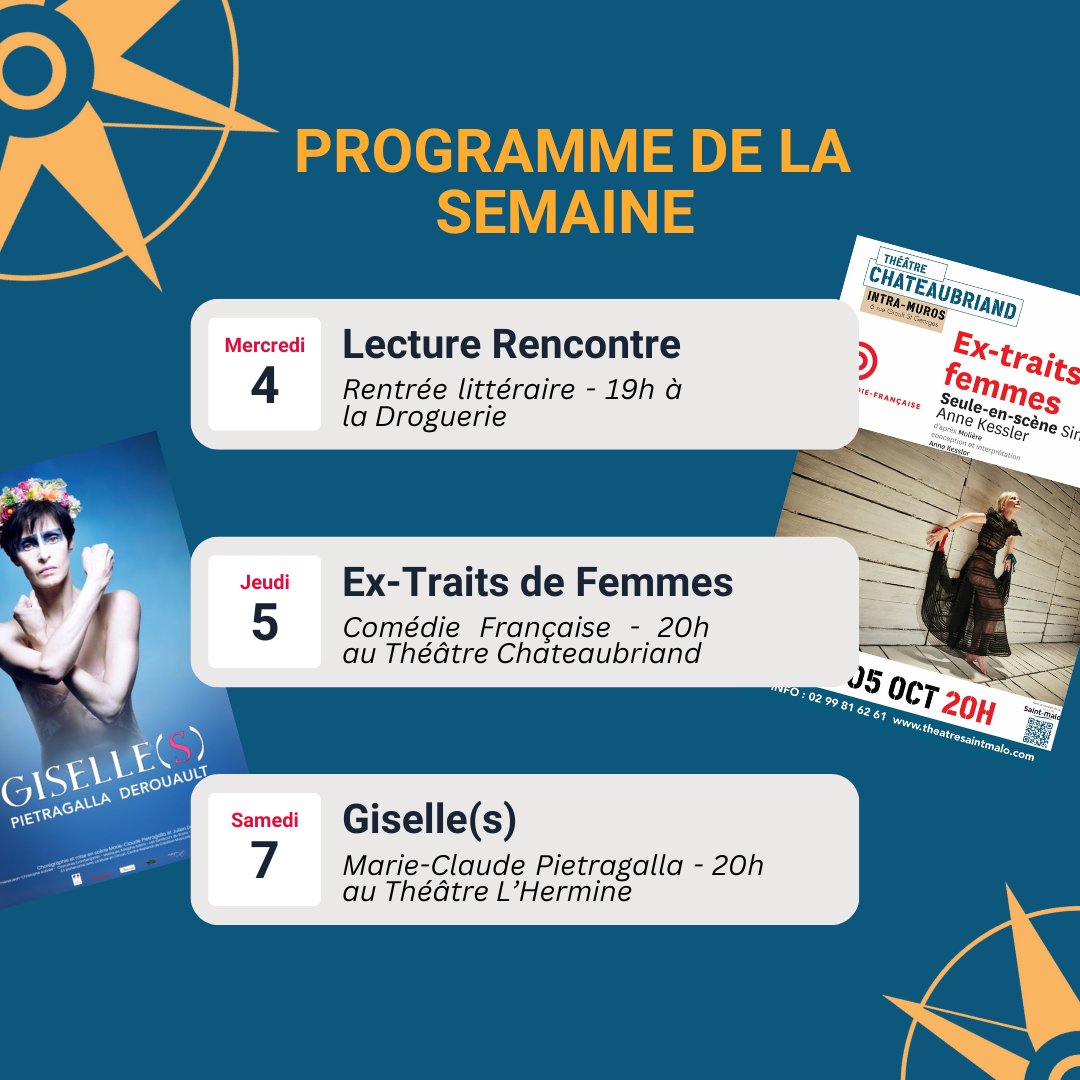 [Programme de la semaine]

<a href="/ComedieFr/">Comédie-Française</a>  -  Ex-Traits de Femmes le 05/10 

Giselle(s) - <a href="/MCPietragalla/">Pietragalla</a>  le 07/10

Le début de notre nouveau cycle de Lectures-Rencontres. 

N'oubliez pas de réserver vos places !!