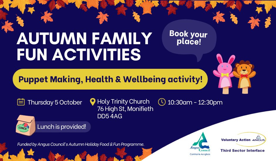 Don't miss out, book your free space at our Autumn Family Fun Puppet Making, Health and Wellbeing activity with How It Felt in Monifieth.

Sign up here 👉bit.ly/46qRjEA

Children must be accompanied by an adult.

Please keep an eye out for a confirmation email.