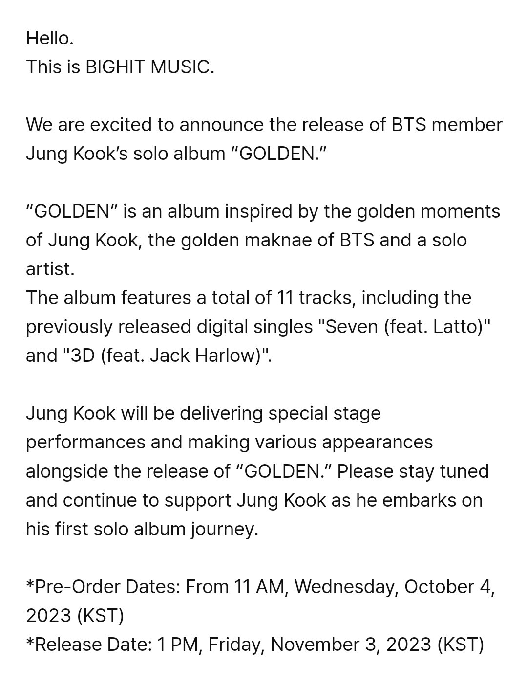 Jung Kook (정국) - GOLDEN Lyrics and Tracklist