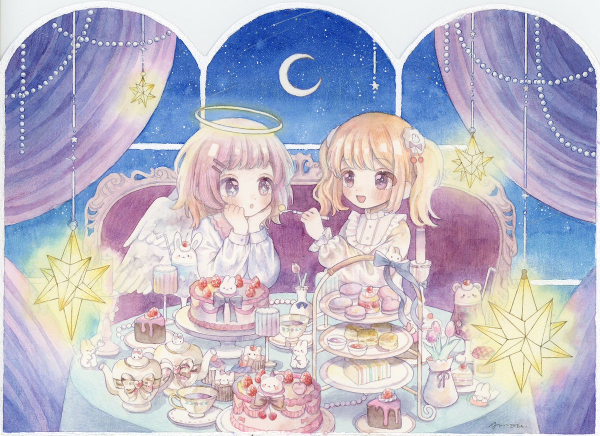 multiple girls food 2girls cake angel wings halo angel  illustration images