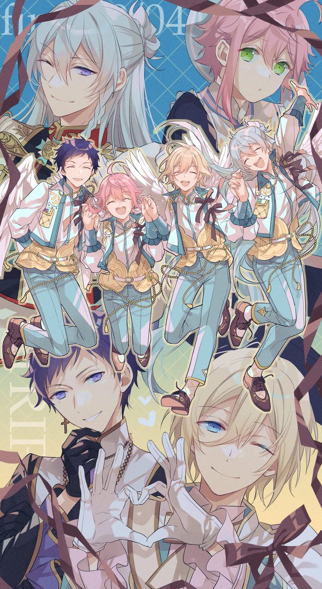 male focus multiple boys one eye closed pink hair blonde hair idol heart hands  illustration images