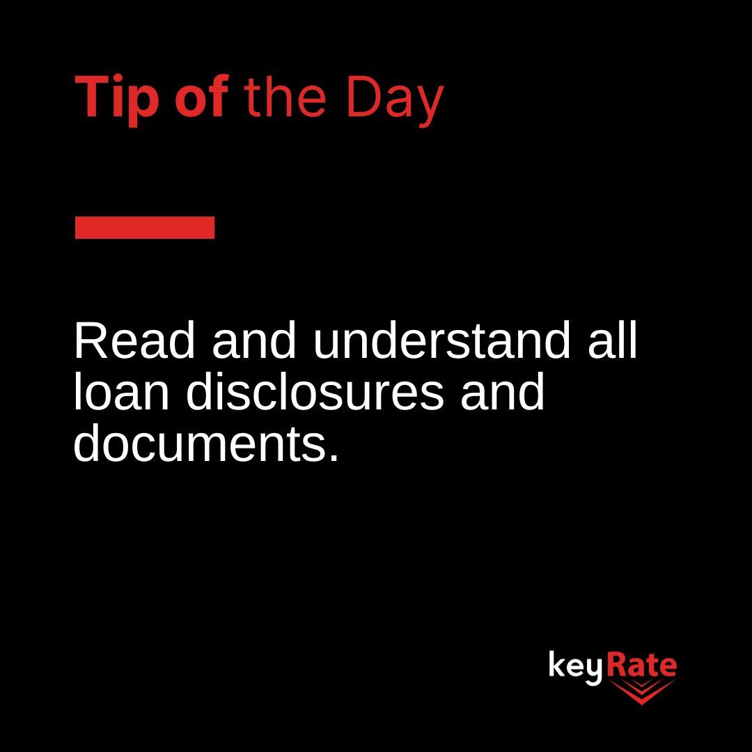 #TipoftheDay! 💡 #TuesdayTip #Tips #Mortgage #realestate #canada #finance 

Read and understand all #loan disclosures and documents. 

info@keyrate.com
Toll Free: 1-833-222-2027