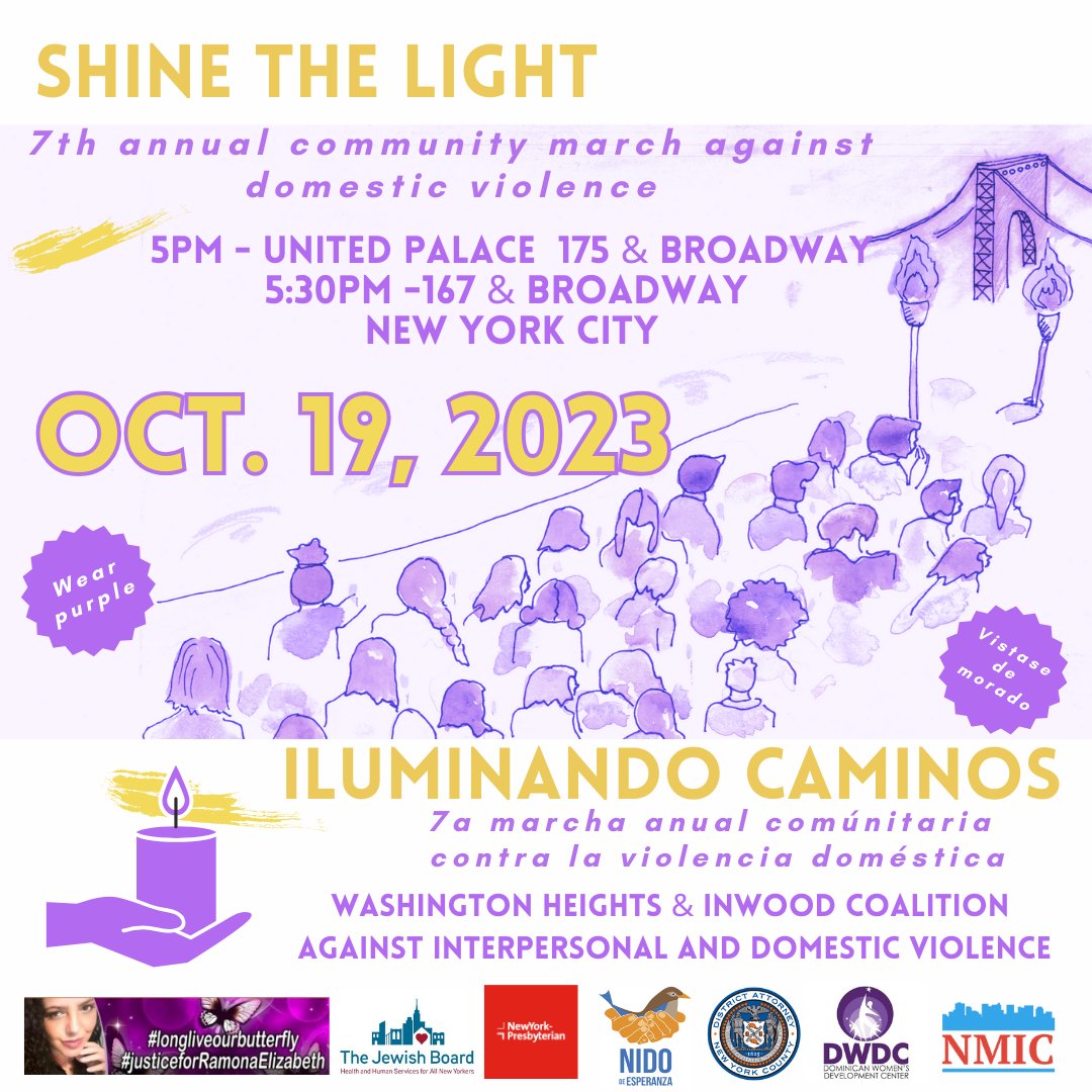 Join us at the 7th annual 'Shine The Light' community march against domestic violence on October 19th, 2023. Let's stand together and make a difference. @DWDCnyc @NYPCommunity @JewishBoard @nidodeesperanza