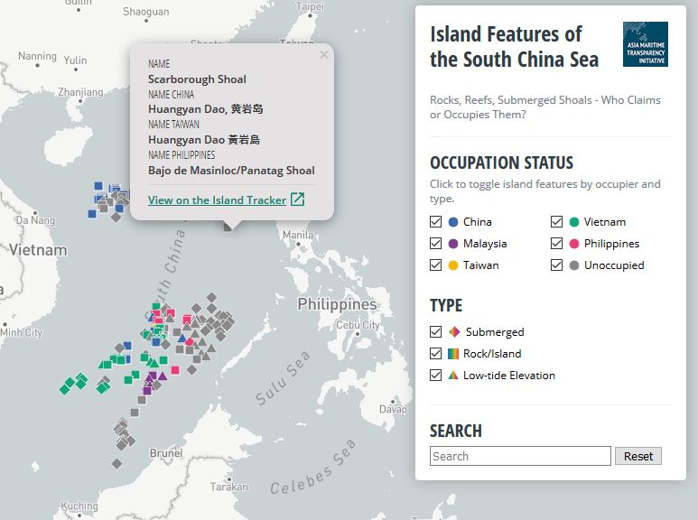 AsiaMTI's tweet photo. A searchable map of every feature in the South China Sea, with links to satellite imagery from our Island Tracker and filters to toggle by occupier and legal status—find it at AMTI: https://t.co/GZQOYttXo5 https://t.co/Wg7Um4QovI