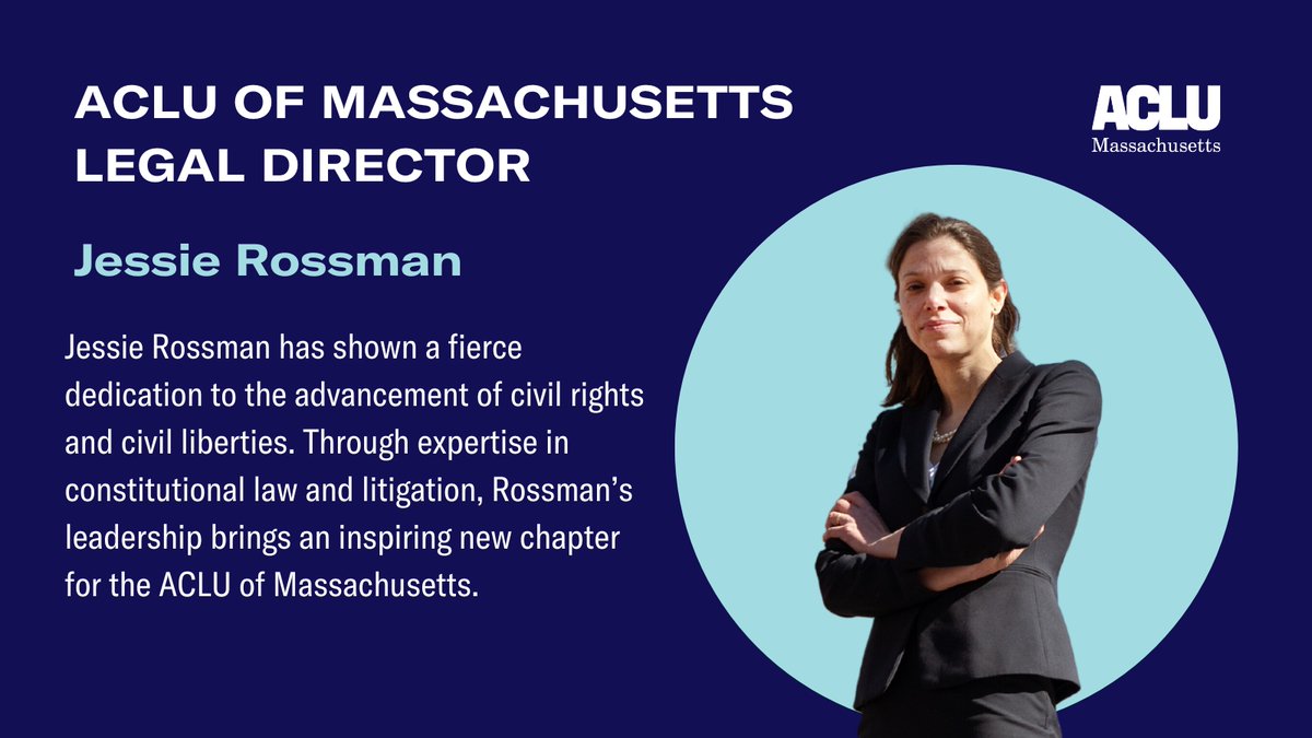 ACLU_Mass's tweet image. The ACLU of Massachusetts is thrilled to announce the selection of Jessie Rossman as Legal Director. After over a decade of serving the ACLU, Rossman’s extraordinary body of legal work has made her a fantastic fit for this crucial leadership role.