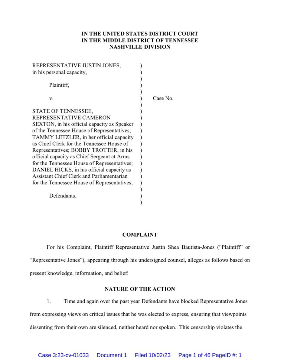 brotherjones_'s tweet photo. Today my attorneys filed a federal lawsuit to hold Tennessee House Speaker Cameron Sexton responsible for his unconstitutional and discriminatory actions.

The people of District 52 deserve to have their voices heard without the threat of undemocratic silencing and retaliation. https://t.co/3iLOOssTQ1