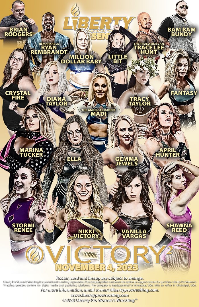 Visit the #LibertyProShop (libertyprowrestling.com/shop/about/) for info on sponsoring a #LibertyProVictory2 match featuring: ✌️April Hunter ✌️Crystal Fire ✌️Diana Taylor ✌️Ella ✌️Fantasy ✌️Gemma Jewels ✌️Little Bit ✌️Madi the American Baddie Roster subject to change.