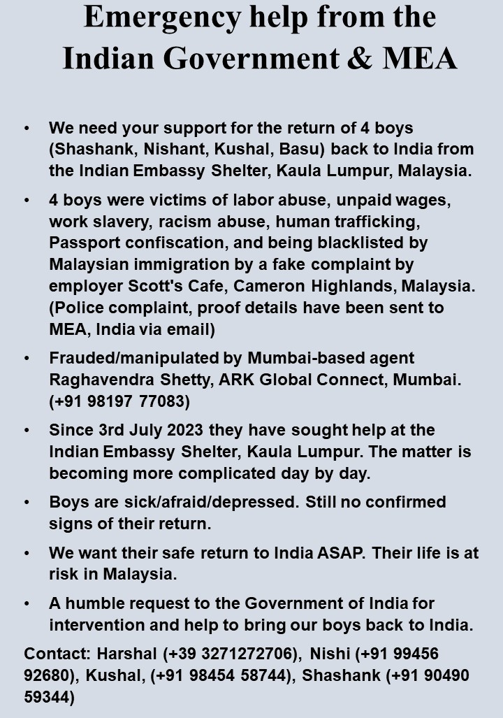 @hcikl @MohamadHjAlamin
@MalaysiaMFA
@ITECnetwork
@MEAIndia
@IndianDiplomacy
@bernamadotcom
all respected sir, we need your attention for this matter, 4 boys have been victims of labor abuse. It's been 90+ days. Please look into the matter.