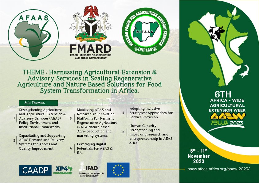 afaasinfo's tweet photo. Exciting times ahead! 32 days to go! Are you ready to be part of this exciting event? Join us in Abuja Nigeria on the 5th-11th November 2023 for the 6th Africa Wide Agricultural Extension Week 2023.
Register 👇
https://t.co/t7tlgeN4rW
#AAEW2023
@FmardNg @Nifaas2 https://t.co/fypUg3ZHBe