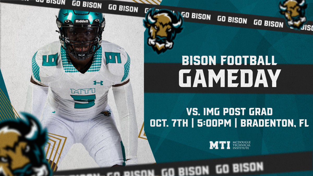 Bison football will visit Bradenton, FL for an away game vs IMG Postgrad on Saturday, October 7th at 5:00 pm. Look forward to seeing you all at the game.