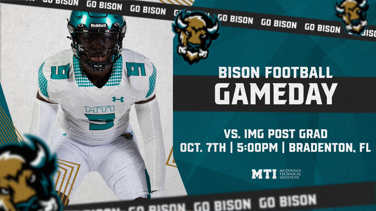 Bison football will visit Bradenton, FL for an away game vs IMG Postgrad  on Saturday, October 7th at 5:00 pm. Look forward to seeing you all at the game.