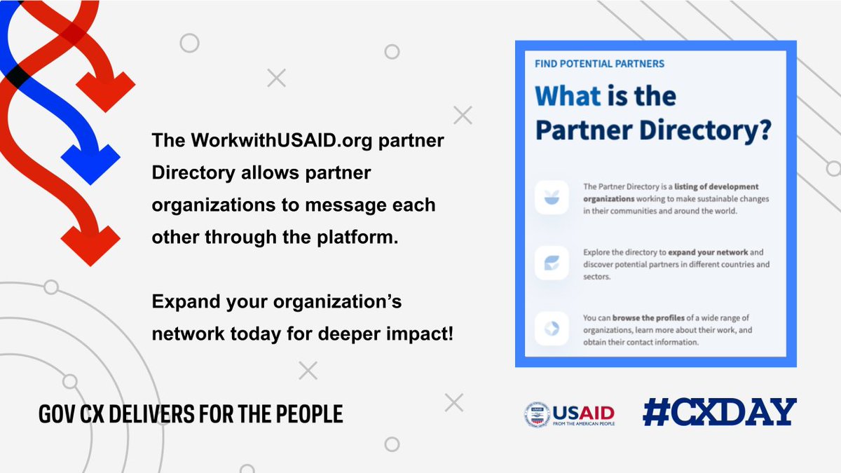 USAID's tweet image. #DYK: WorkwithUSAID.org has a Partner Directory where organizations can network with each other to increase their development impact? The @WorkwithUSAID team is continually working to help partner organizations connect and grow stronger together. #CXDay