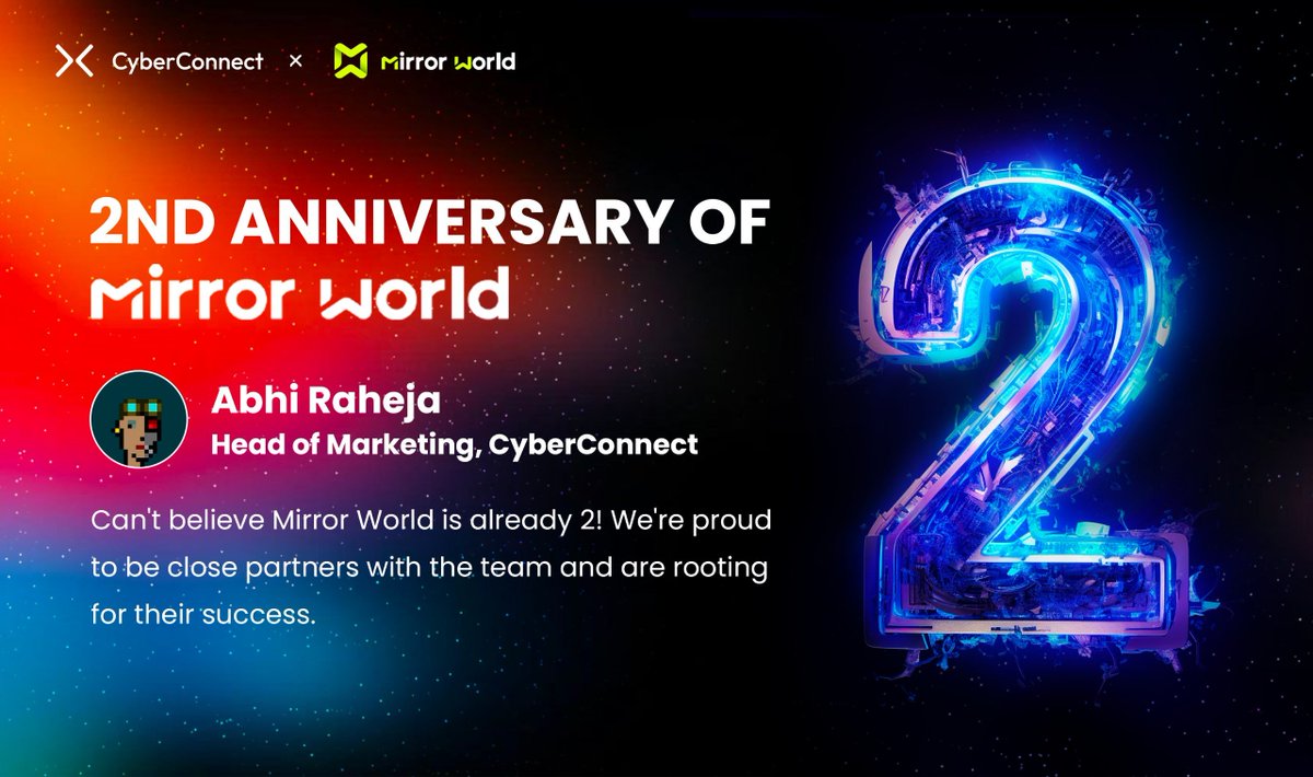 CyberConnectHD's tweet photo. Congrats @joinmirrorworld for turning 2!🤝

Thankful for your partnership! https://t.co/xkUIYDxGN0