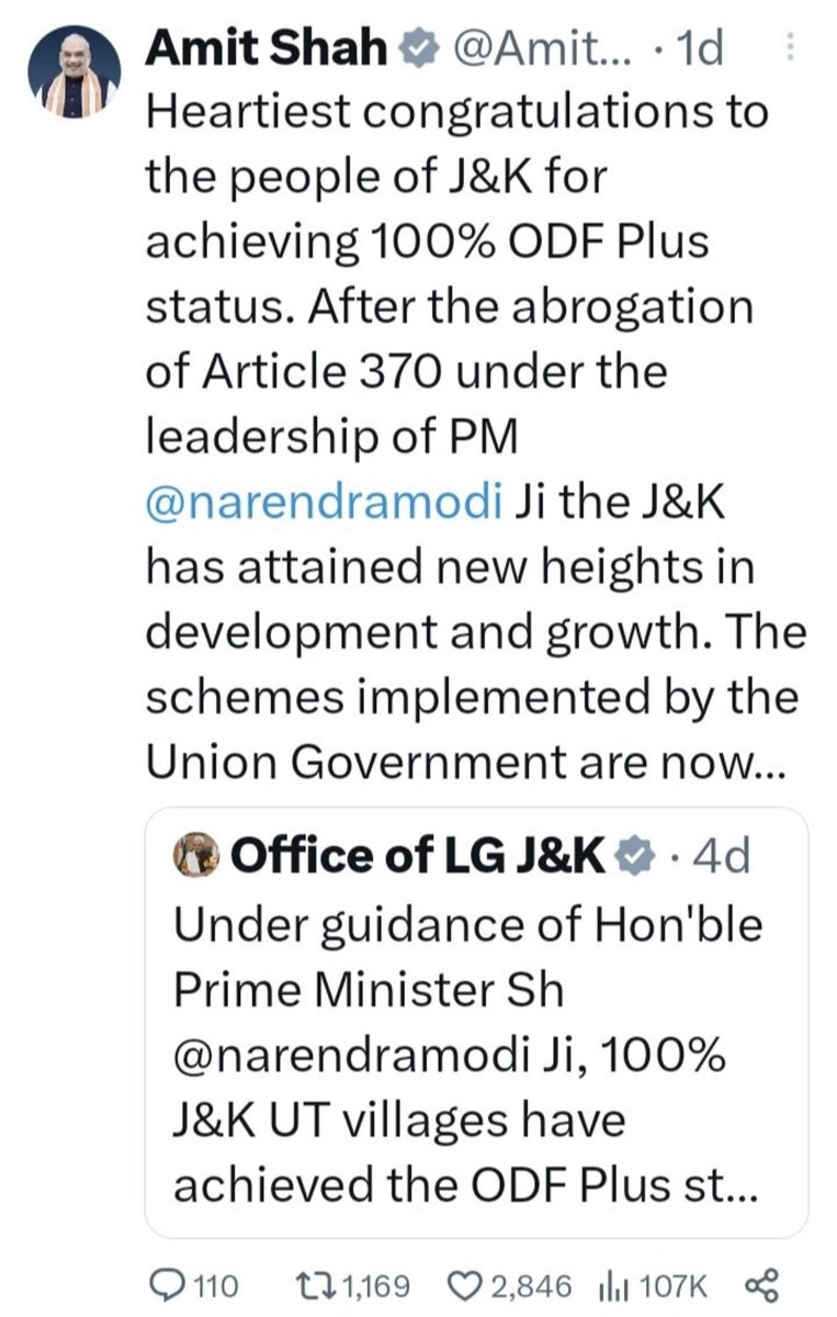 Hon’ble PM & HM congratulate #JK for achieving 100% #ODFPlusModel status. PM: 'A monumental step towards a cleaner & healthier India.' HM: 'J&K's growth under PM @narendramodi's leadership.' #JammuAndKashmir #ODFPlus 
@PMOIndia @OfficeOfLGJandK  @mandeep082 @mission_sbm @mopr_goi