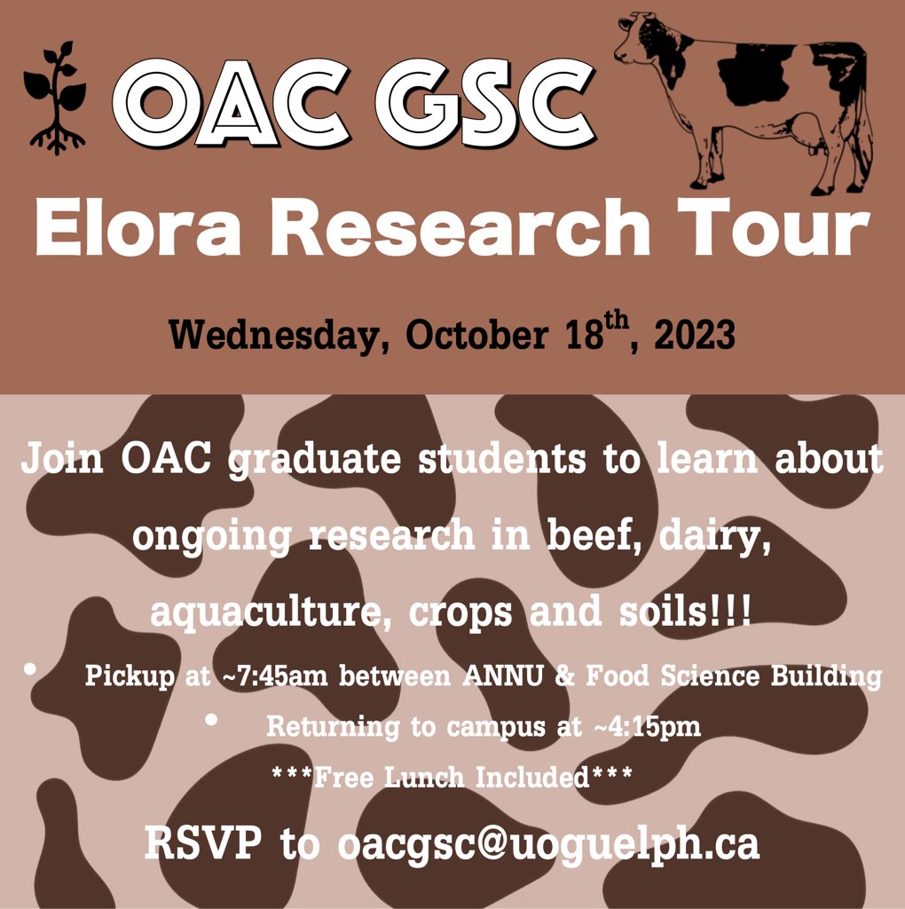 Join the OAC GSC for an exciting and informative ✨Elora Research Tour✨ on Wed., Oct. 18th. You will learn about ongoing research in beef, dairy, aquaculture, crops and soils! 🐄🐟🌱 RSVP to oacgsc@uoguelph.ca with your name, phone number and any dietary restrictions!