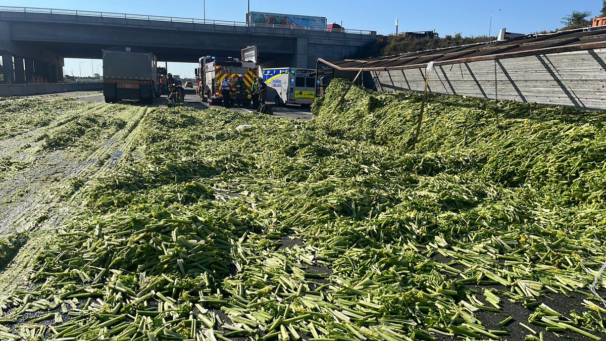 OPP_HSD's tweet photo. #AuroraOPP  at a CMV roll over, Hwy 400 S/B, just south of Highway 9.  Celery spilled on the Highway. Traffic diverted onto Highway 9 while clean-up continues. Highway expected to be closed for several hours and paitence is appreciated. ^mh https://t.co/XEoQmsXYBb