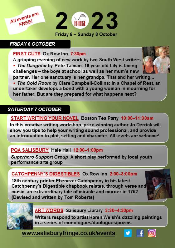 SALISBURY FRINGE FESTIVAL STARTS AT THE OX ROW INN THIS FRIDAY <a href="/theoxrowinn/">The Ox Row Inn</a> 7.30 with 2 brand new plays by Pete Talman and Clare Campbell-Collins.