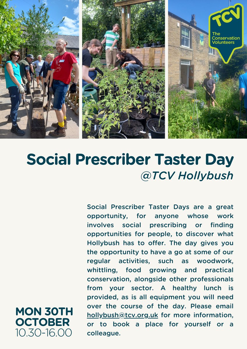 If your job involves #socialprescribing or finding opportunities for people in #leeds we would like to invite you to one of our Taster Days for professionals who would like to find out more about what Hollybush has to offer. Email hollybush@tcv.org.uk to book.