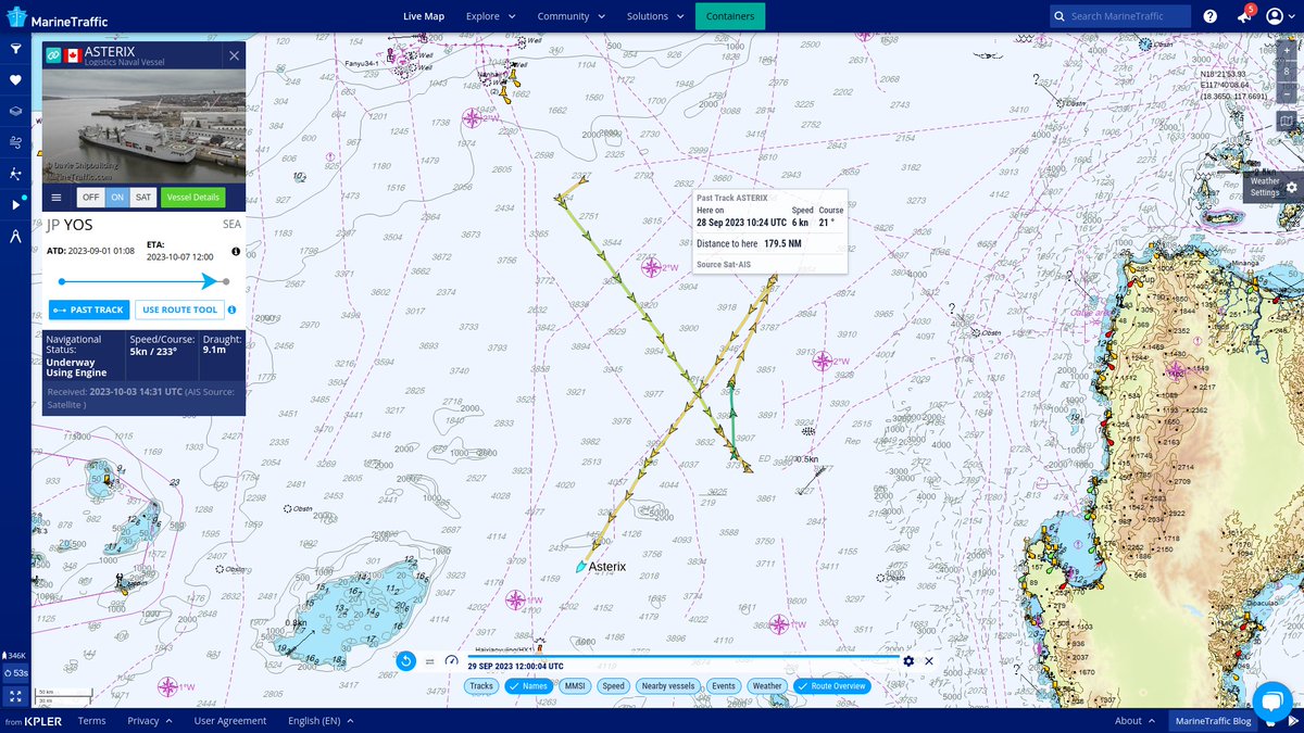 MV Asterix broke from their pattern September 27, and from their movements, may have met up with other ships September 28 sailing Southwest.

marinetraffic.com/en/ais/home/sh…
#MVAsterix #NRUAsterix #OpHORIZON