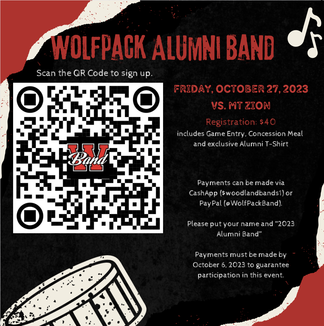 WHS_HCS's tweet image. It’s official! The Wolfpack Marching Band will be hosting our alumni during Homecoming. Please use this QR code or the link in our bio to sign up for the 2023 Wolfpack Alummi Band. The deadline for registration is THIS SUNDAY, OCTOBER 8. #weatherthestorm🐺⛈️ #WithPride