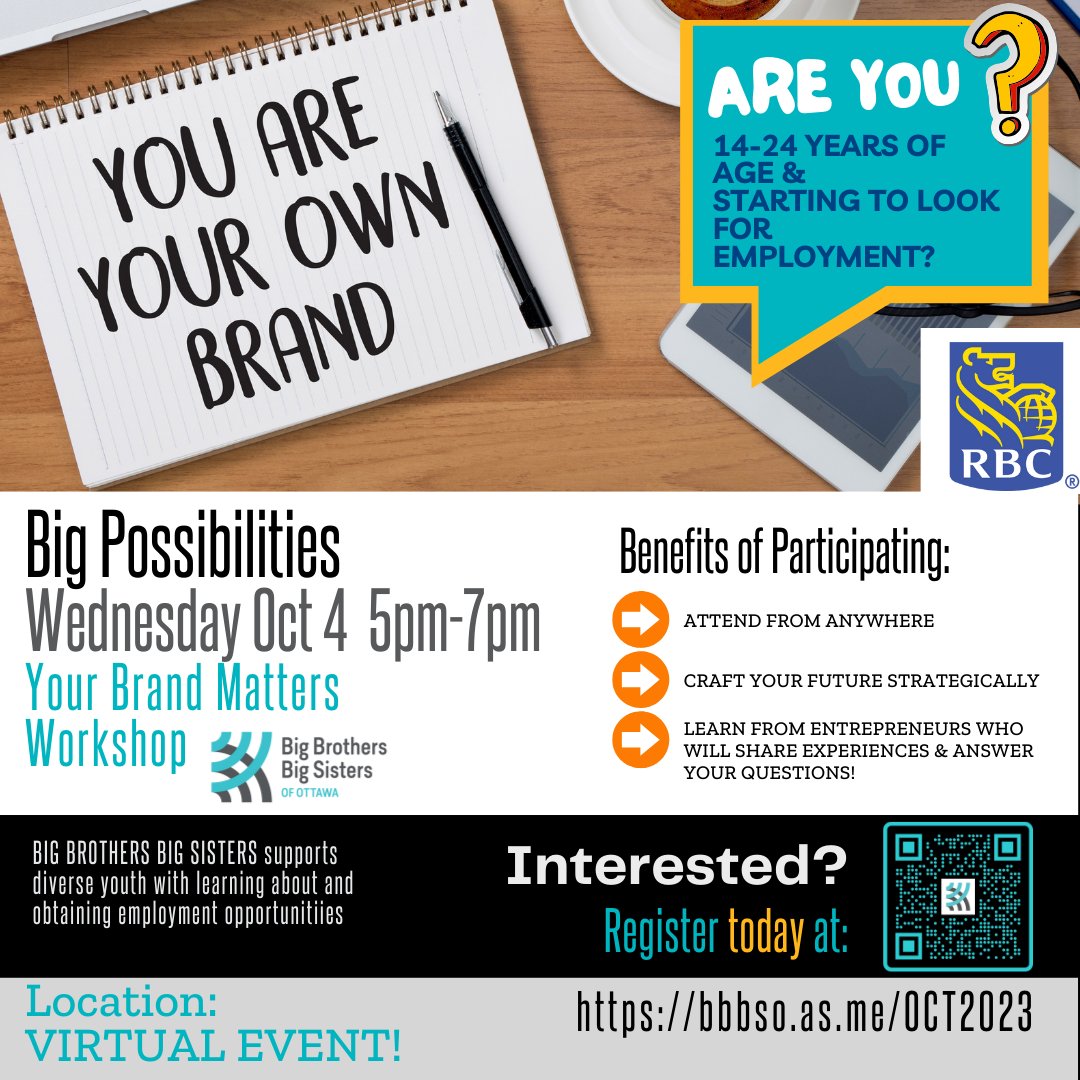 BBBSO's tweet photo. Last call to register!!!
Sign up to take part in this virtual session to help you craft your personal brand!
Anyone age 14-24 can sign up! Go to https://t.co/wTNxRjfBFo today and see you online on Wed Oct 4!
@OCYI_Ottawa
@kindspaceca
#RBCFutureLaunch
@RBC https://t.co/mC0MMiIV2y