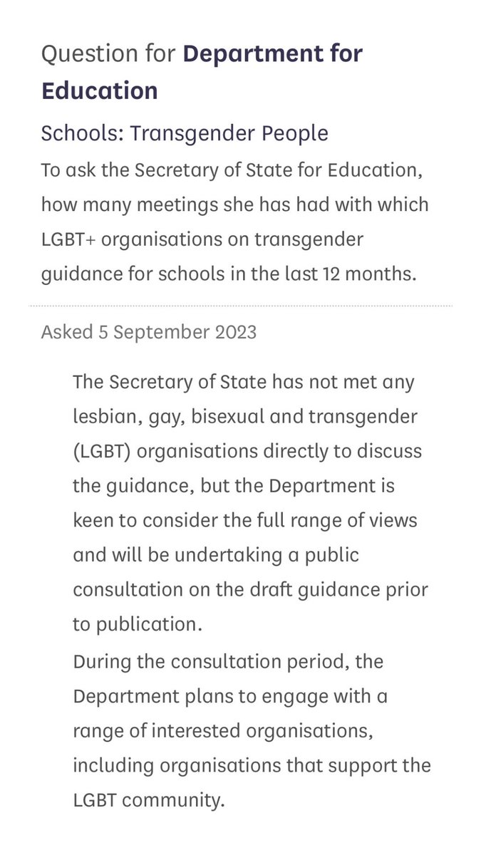 The government’s trans policy guidance for schools was meant to be published this summer.

I asked the Education Secretary how many times she’s met about it with LGBT+ organisations.

The answer: zero. Not once.

That’s how much contempt the Tories have for the LGBT+ community.