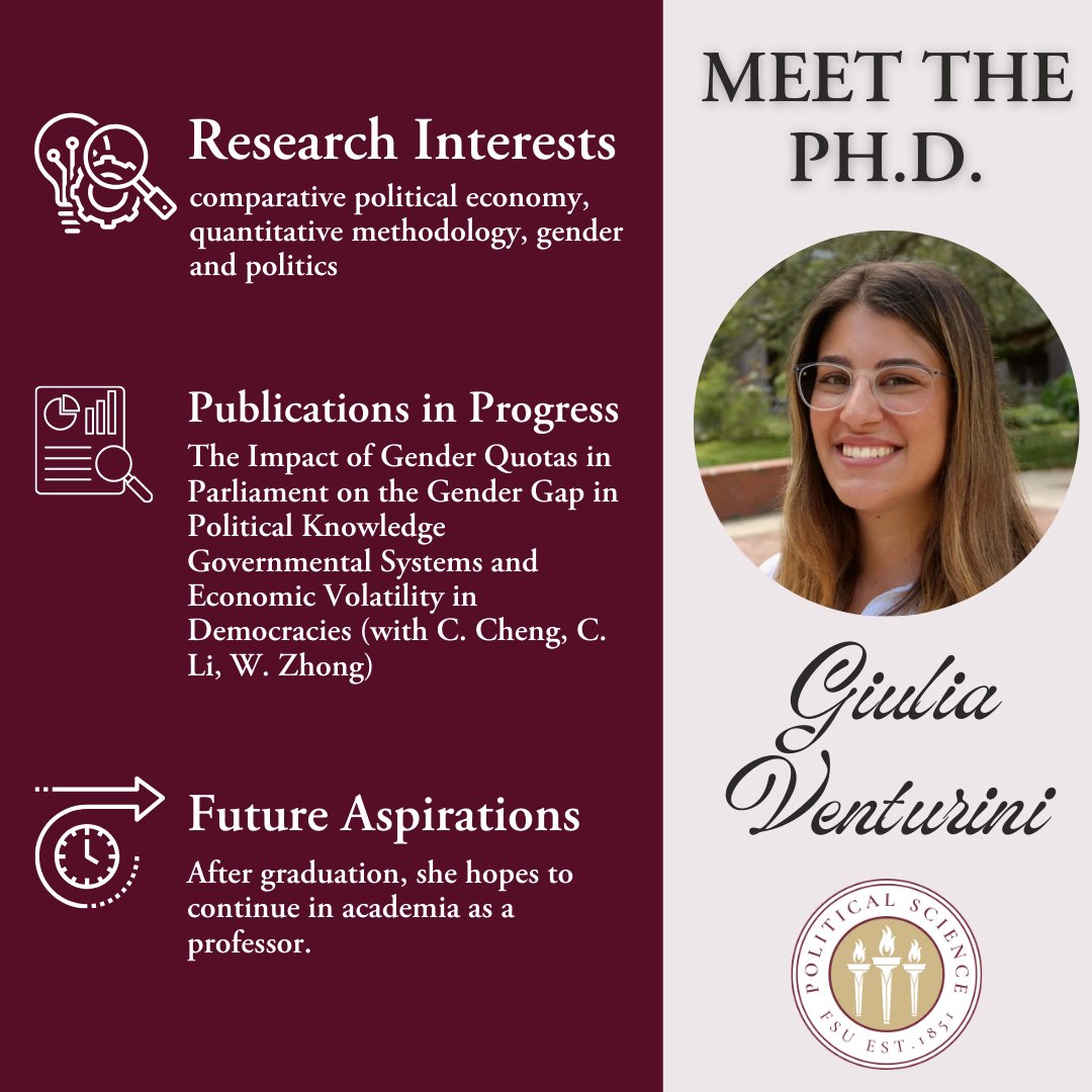 Giulia Venturini researches Comparative Political Economy &amp; specializes in quantitative methodology with a focus on gender &amp; politics. Her dissertation focuses on how parties nominate candidates based on gender &amp; experience &amp; how it affects minority representation in legislatures
