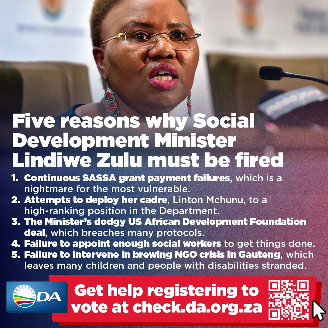 Minister Lindiwe Zulu has shown herself to be one of the worst-performing ministers in Cabinet. 📉 

📢 It is time President Cyril Ramaphosa showed some backbone and fired her. South Africa needs competent ministers.

Read more: da.org.za/2023/10/5-reas…