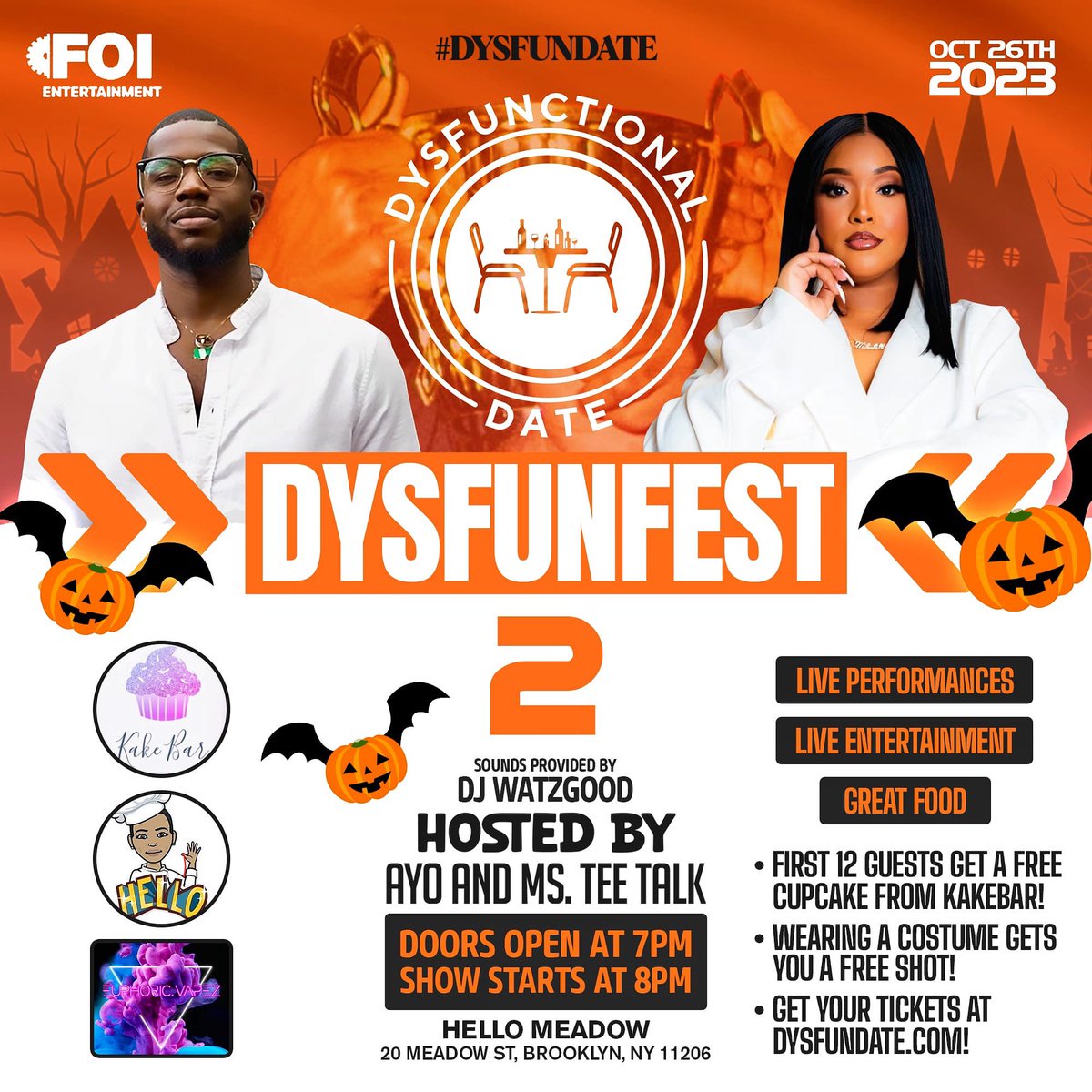 DysfunDate's tweet photo. #DysfunFest2 October 26th, we welcome you all to FINAL event of the year! Come see who will take home the trophy along with bragging rights! 

Hosted by Ayo &amp; @MsTeeTalk!

A costume gets you a FREE shot on us upon entry! Prizes, surprises &amp; more 🎃👻!

🎟: https://t.co/j03DBN8yOg https://t.co/2WTfp7g4GV